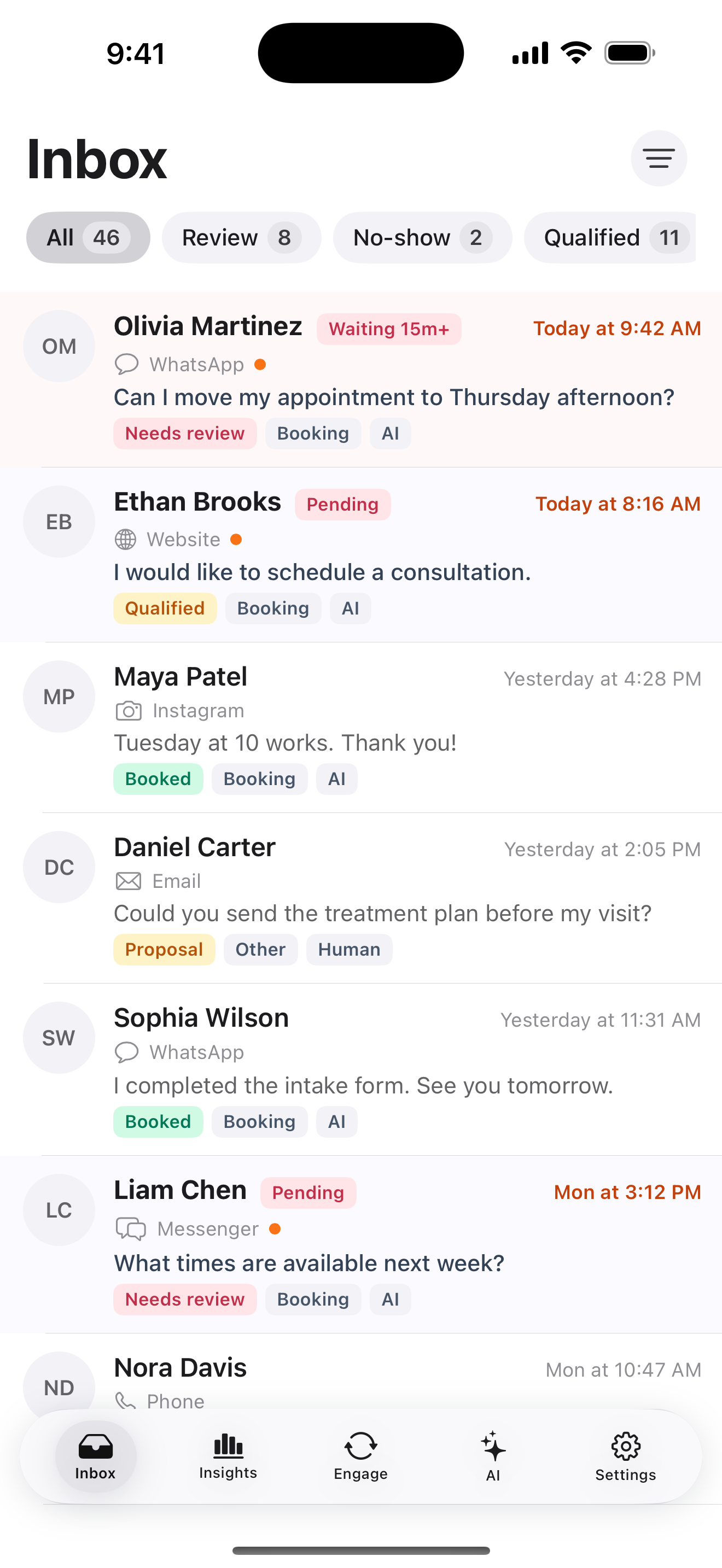HeyDr iPhone Inbox showing illustrative English conversations from WhatsApp, website, Instagram, and email